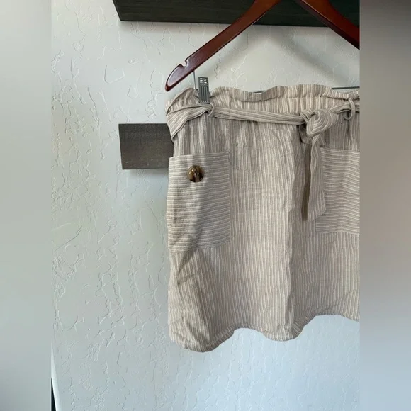 Sadie & Love|Beige Striped Paperbag Waist Skirt,neutral lightweigh,cotton linen - Picture 4 of 11